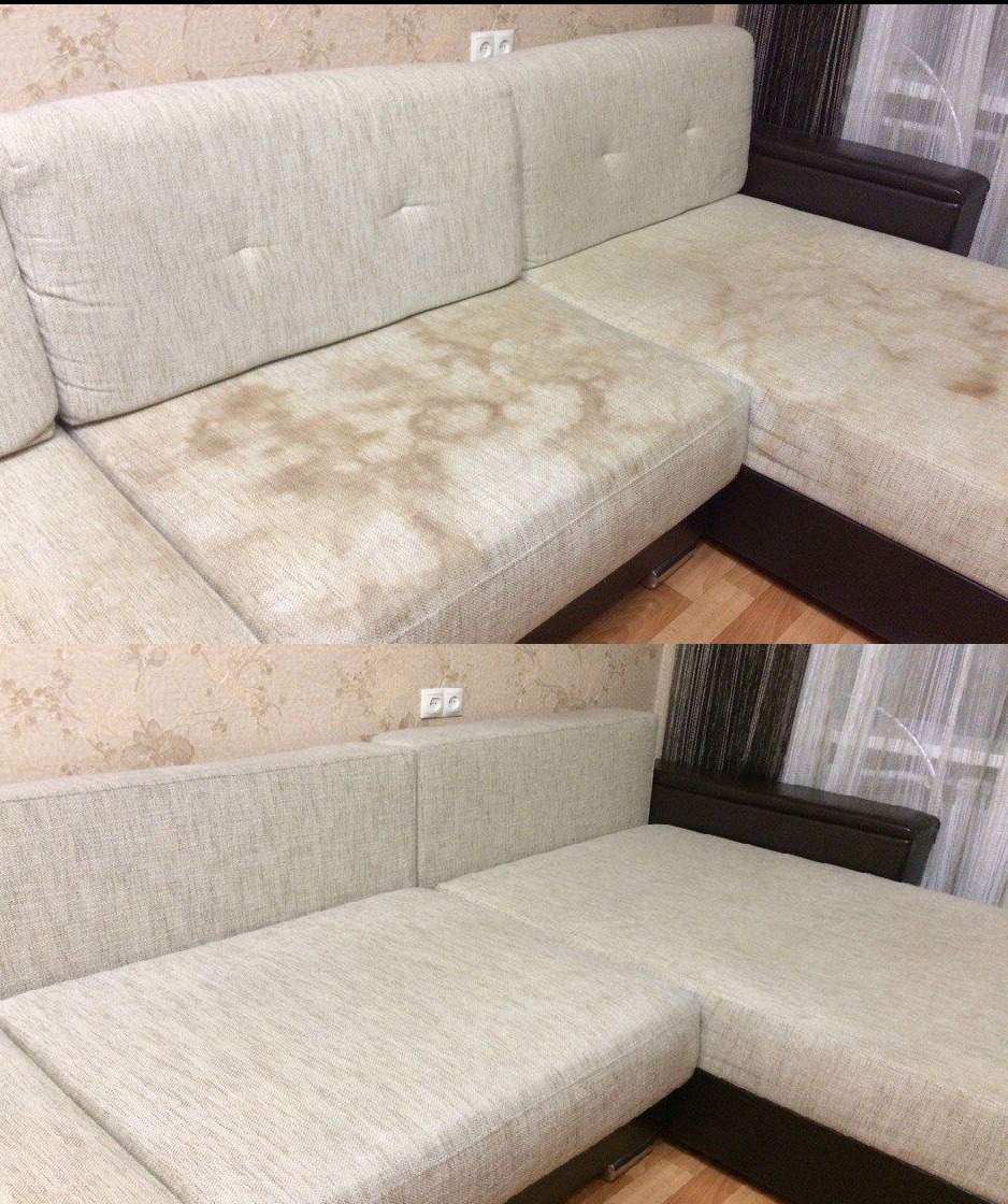 Porównanie: narożnik z jasną tapicerką przed i po czyszczeniu, widoczne wyraźne plamy na siedzisku przed zabiegiem i czysta powierzchnia po jego zakończeniu.