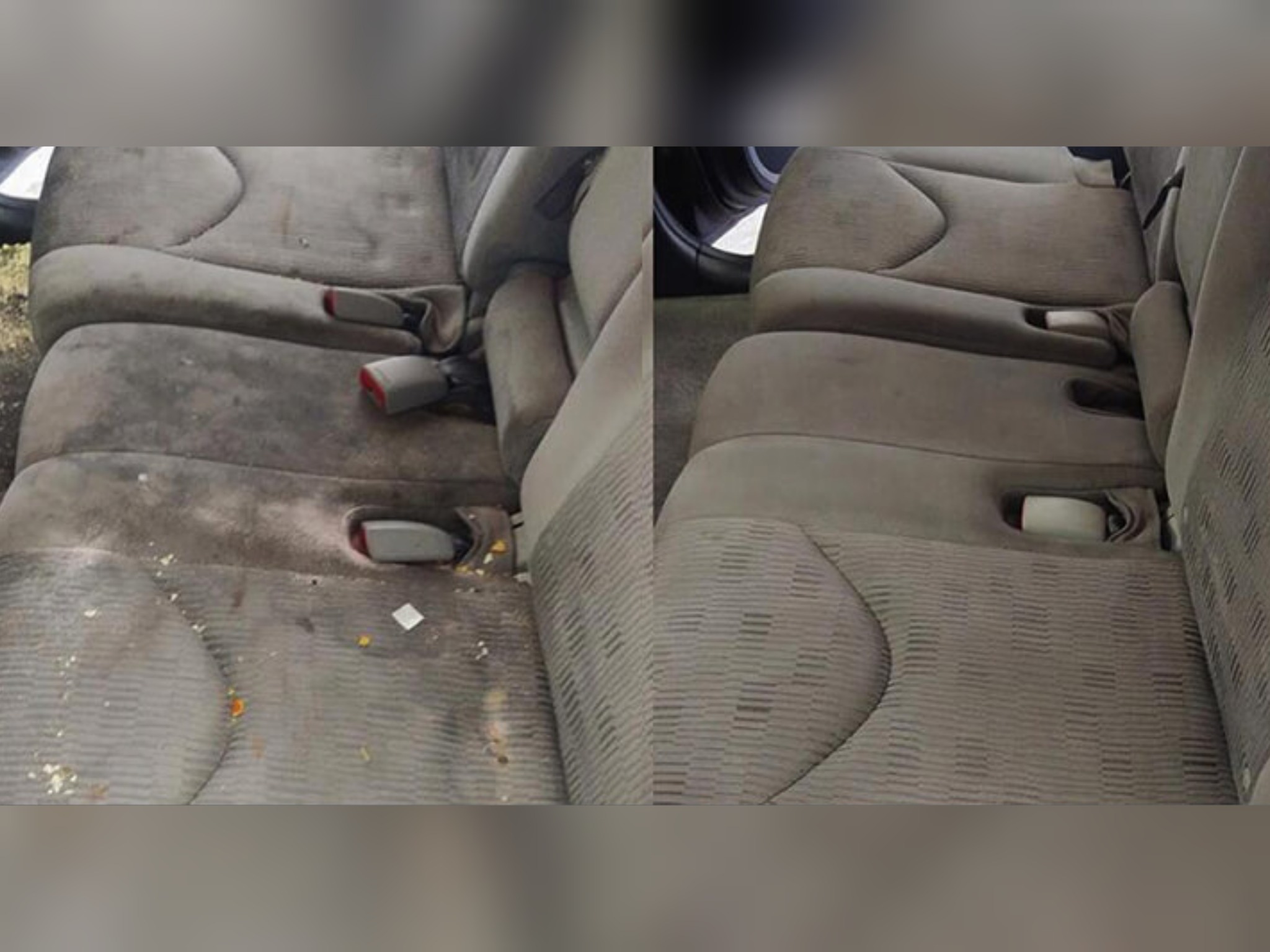 Porównanie: tylna kanapa samochodowa z tapicerką w odcieniach szarości, po lewej stronie silnie zabrudzona z widocznymi resztkami jedzenia i plamami, po prawej stronie po czyszczeniu, wyraźnie...