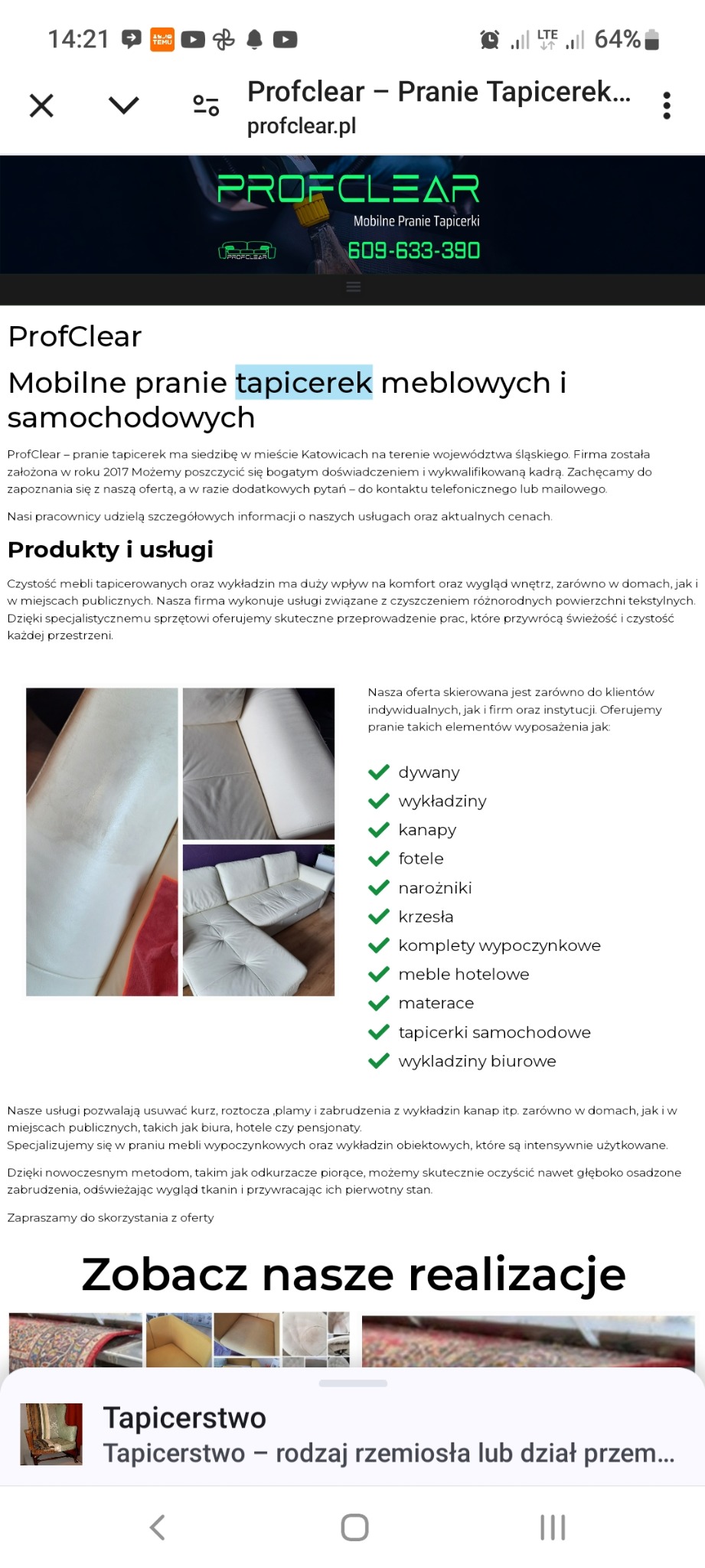 Zrzut ekranu strony internetowej firmy ProfClear, oferującej mobilne pranie tapicerek meblowych i samochodowych w Katowicach, prezentujący zakres usług, w tym pranie dywanów, kanap, materacy...