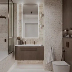 Elegancka łazienka w beżach: mozaika na ścianach, podświetlane lustro, wisząca toaleta i szafka z drewnianym frontem. Minimalistyczne dodatki i nowoczesne oświetlenie.