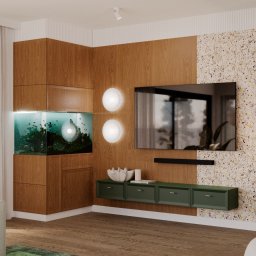 Archiidea Piotr Sekulski - Nowoczesny salon w Warszawie z akwarium w zabudowie, TV i zielonym kominkiem. Drewniane panele i mozaika dodają wnętrzu charakteru.
