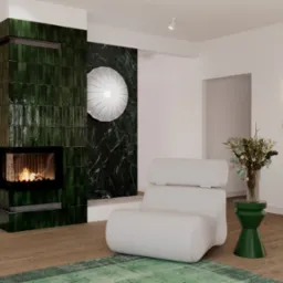 Elegancki salon z kominkiem obłożonym zieloną glazurą, biały fotel i zielony stolik. Ściana z telewizorem i szafką RTV. Nowoczesne oświetlenie.