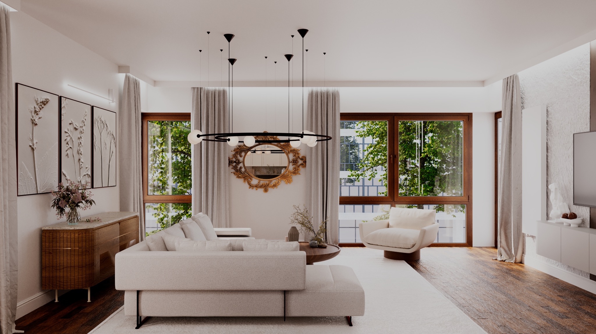 Jasny salon z beżową sofą modułową, drewnianą komodą z kwiatami, złotym lustrem w ozdobnej ramie i nowoczesną lampą wiszącą z kulistymi kloszami.