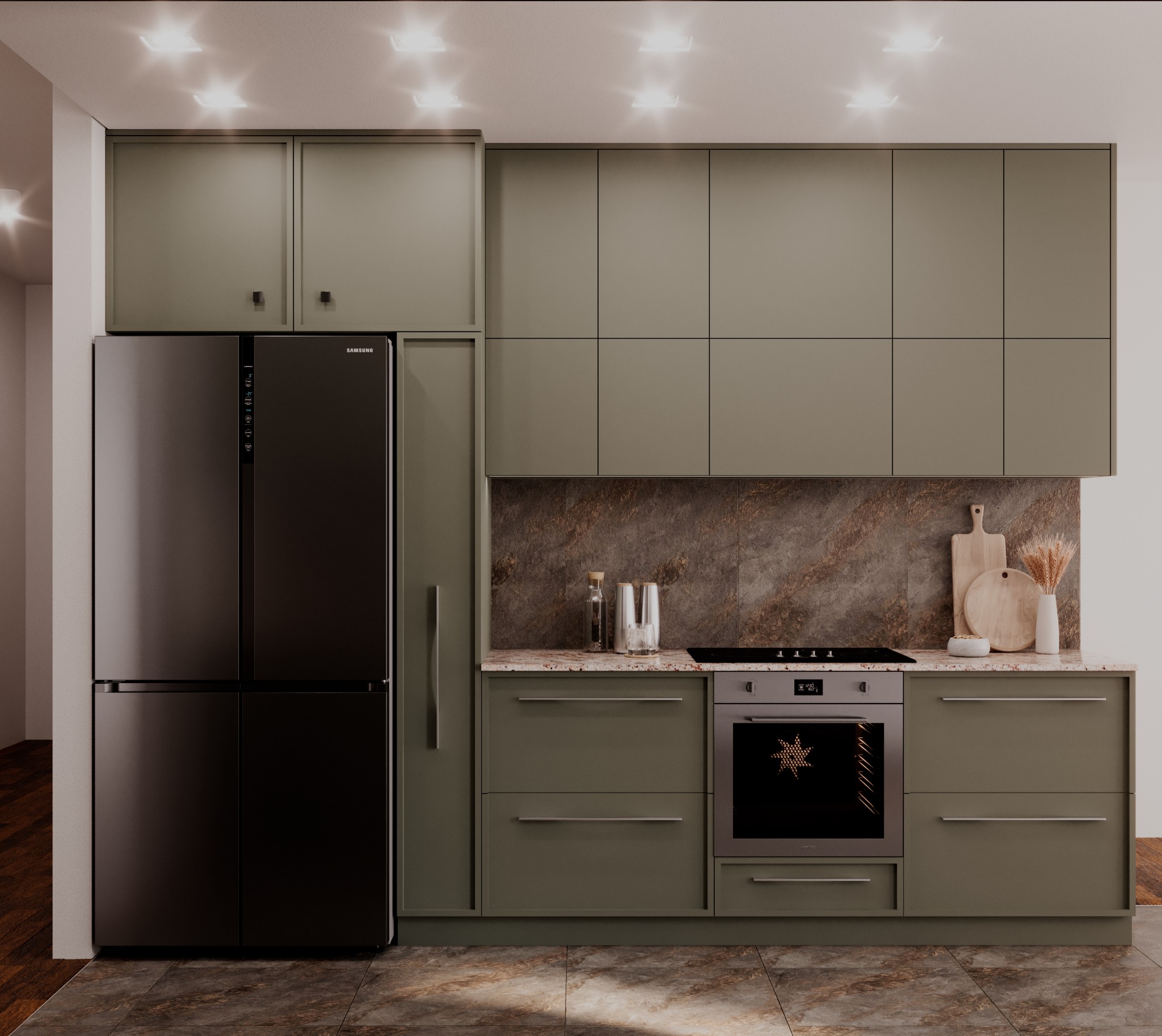 Nowoczesna kuchnia w odcieniach khaki z czarną lodówką Samsung i marmurowym blatem, uzupełniona drewnianymi deskami do krojenia i szklanymi naczyniami na tle mozaiki.