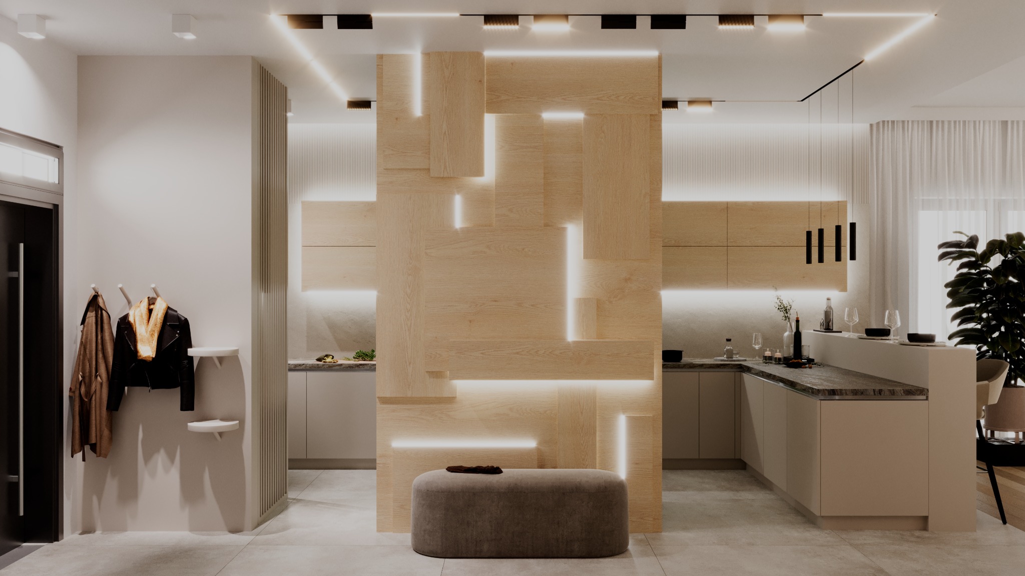 Nowoczesne wnętrze: jasna kuchnia z drewnianymi szafkami, wyspa z szarym blatem, dekoracyjna ścianka z podświetlanych paneli drewnianych, minimalistyczny wieszak na ubrania przy wejściu, szary puf.