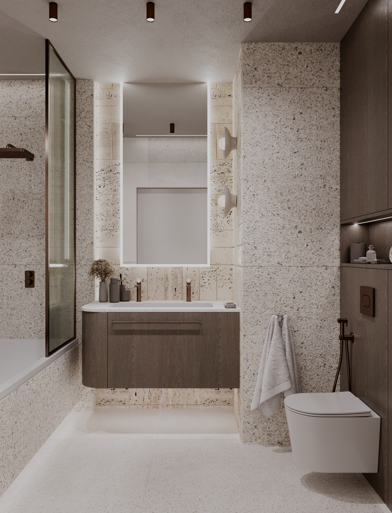 Elegancka łazienka w beżach: mozaika na ścianach, podświetlane lustro, wisząca toaleta i szafka z drewnianym frontem. Minimalistyczne dodatki i nowoczesne oświetlenie.