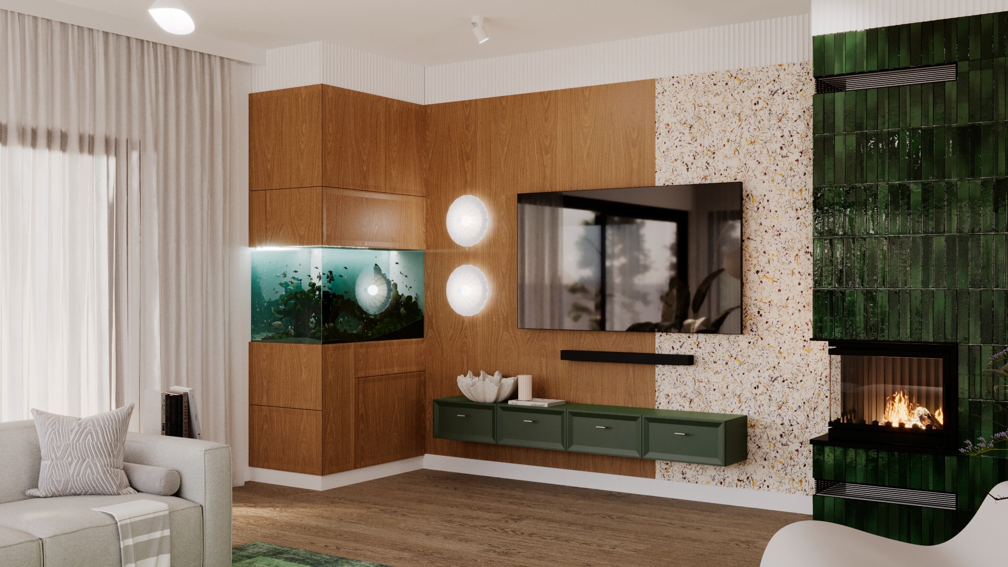 Nowoczesny salon w Warszawie z akwarium w zabudowie, TV i zielonym kominkiem. Drewniane panele i mozaika dodają wnętrzu charakteru.