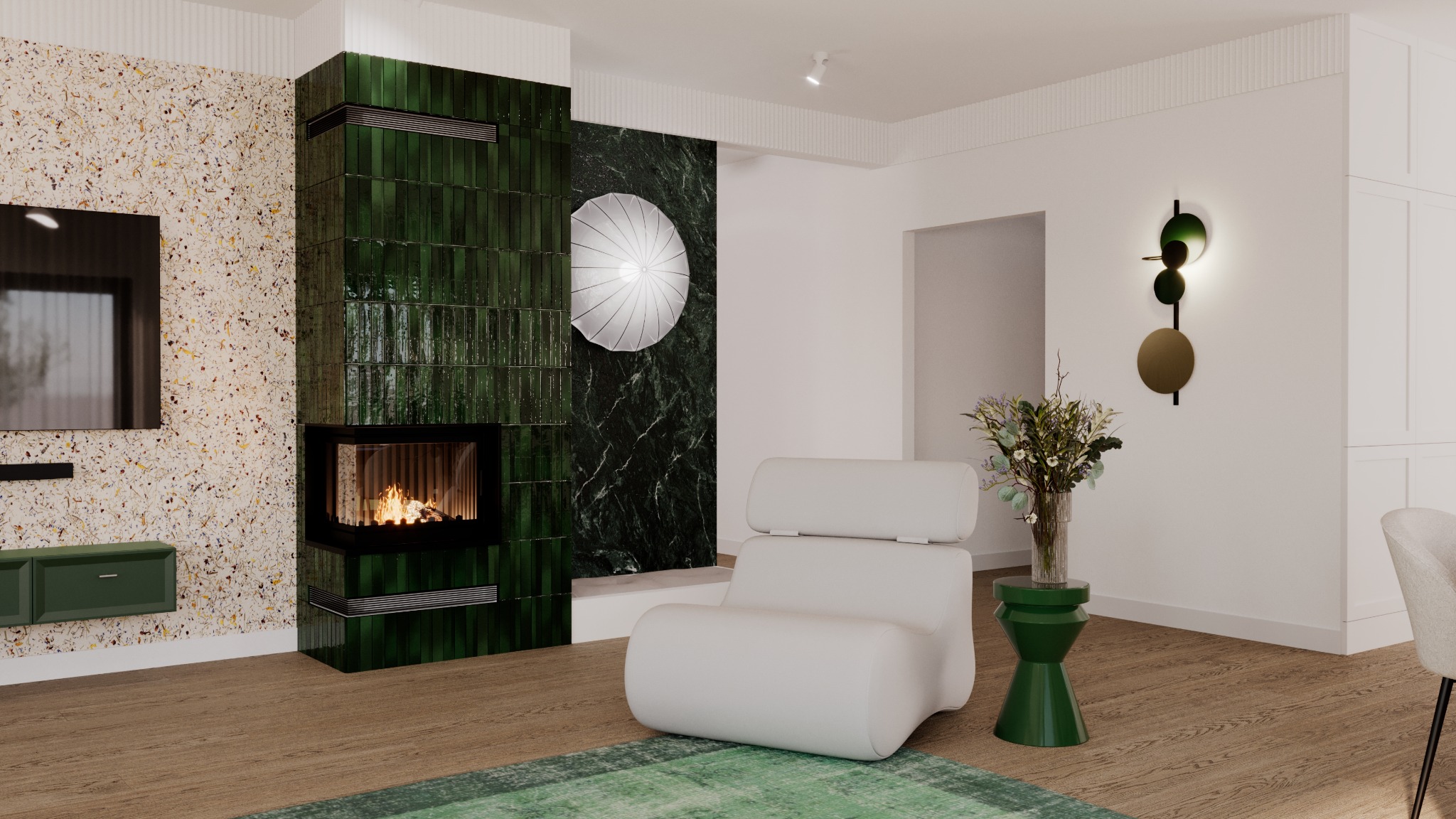 Elegancki salon z kominkiem obłożonym zieloną glazurą, biały fotel i zielony stolik. Ściana z telewizorem i szafką RTV. Nowoczesne oświetlenie.