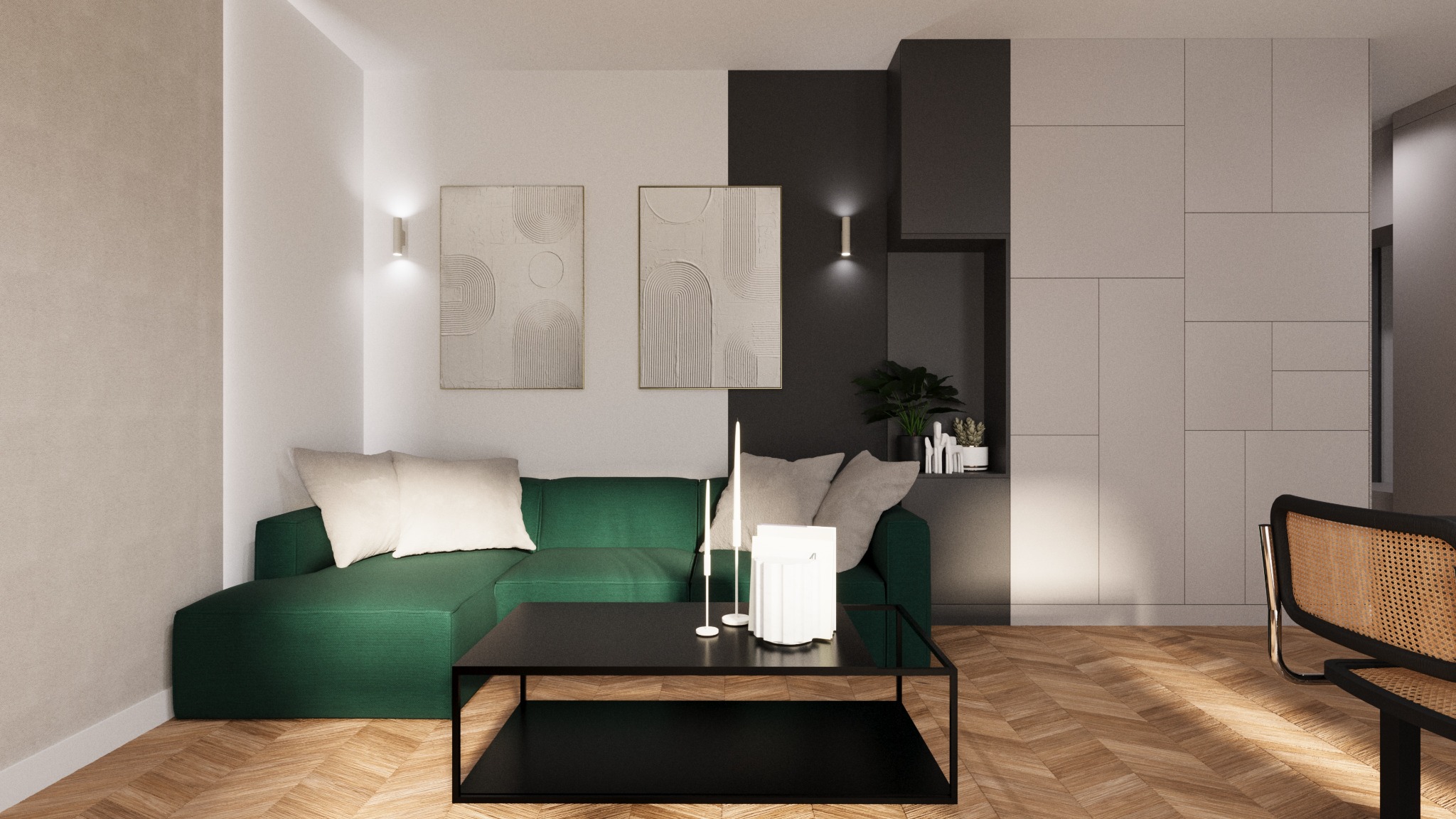 Aranżacja salonu z zieloną sofą, czarnym stolikiem kawowym i parkietem w jodełkę. Na ścianie abstrakcyjne obrazy i designerskie lampy. Nowoczesne wnętrze.