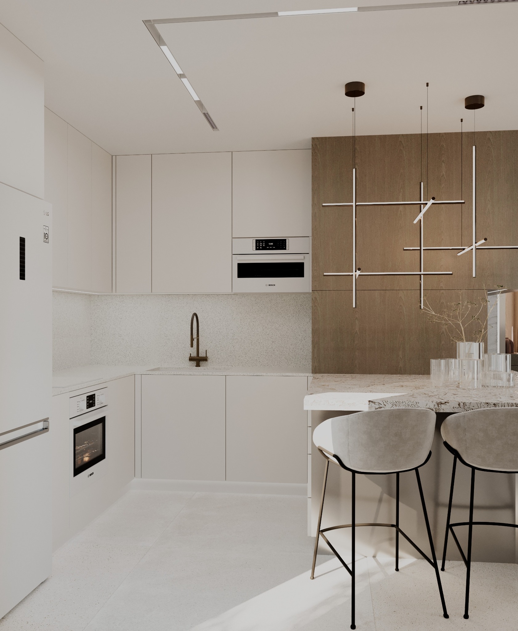 Minimalistyczna, jasna kuchnia z wyspą. Uwagę przykuwają wiszące lampy o geometrycznym kształcie i dekoracje na blacie. Widoczny sprzęt AGD marki Bosch i LG.