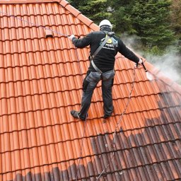 IZO PERFECT Mateusz Gardoliński - Pracownik w uprzęży czyści dachówkę ciśnieniowo. Część dachu umyta, widoczna różnica w kolorze. Tło stanowią drzewa.