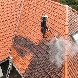 IZO PERFECT Mateusz Gardoliński - Ceglasty dach z oknami połaciowymi, częściowo umyty myjką ciśnieniową przez pracownika w kasku. Widoczna drabina i zieleń w tle. Ujęcie z góry.