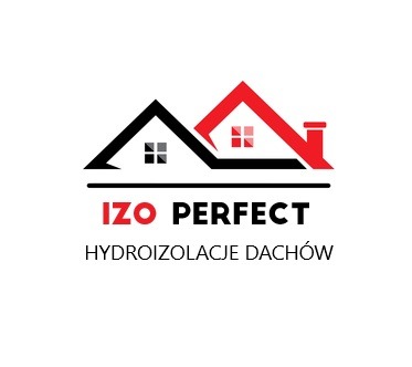 Logo firmy IZO PERFECT Hydroizolacje Dachów przedstawiające dwie stylizowane sylwetki domów z czarnym i czerwonym dachem.