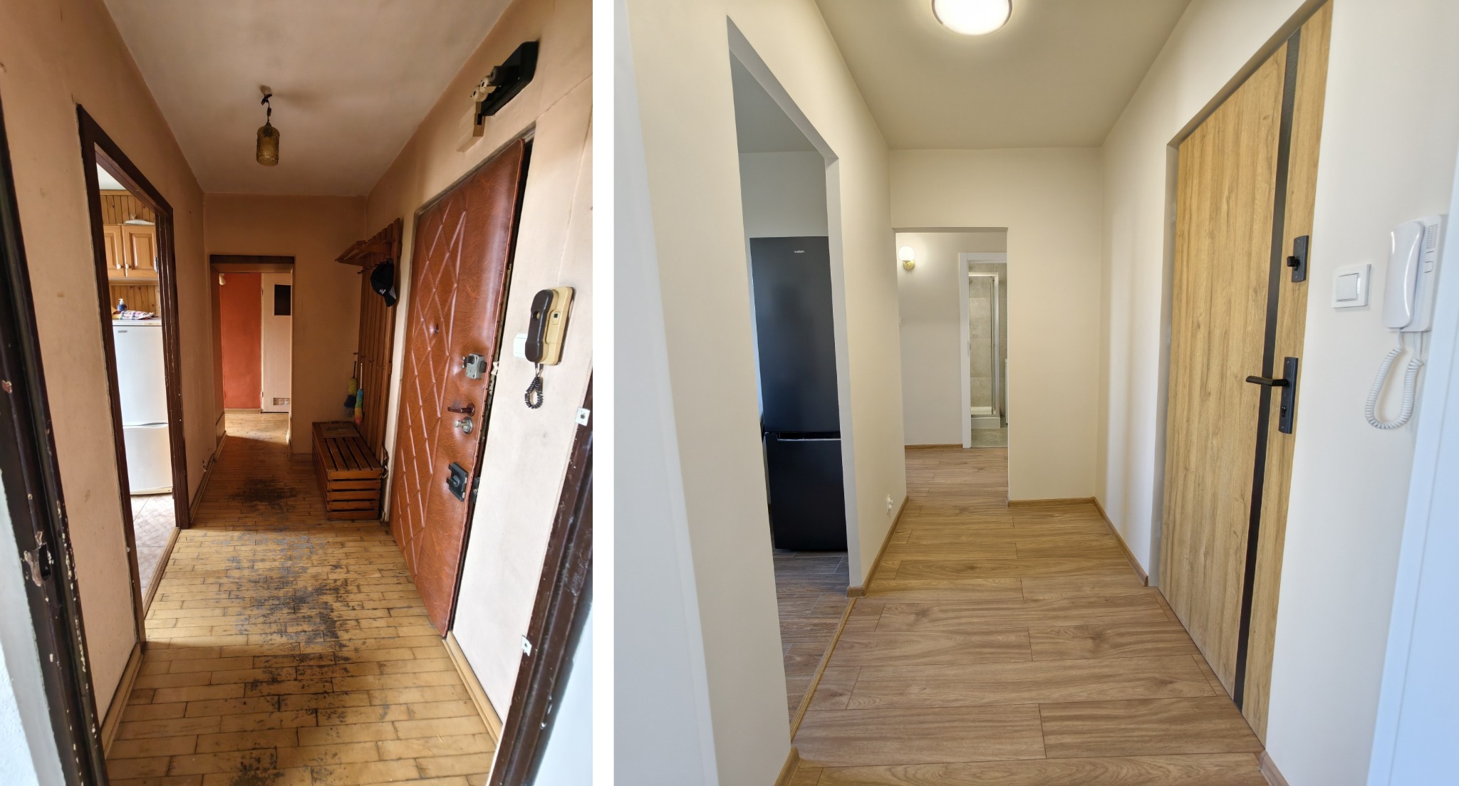 Korytarz po remoncie: zestawienie 'przed' z ciemną podłogą i 'po' z jasną podłogą, świeżo pomalowanymi ścianami i nowymi drzwiami.