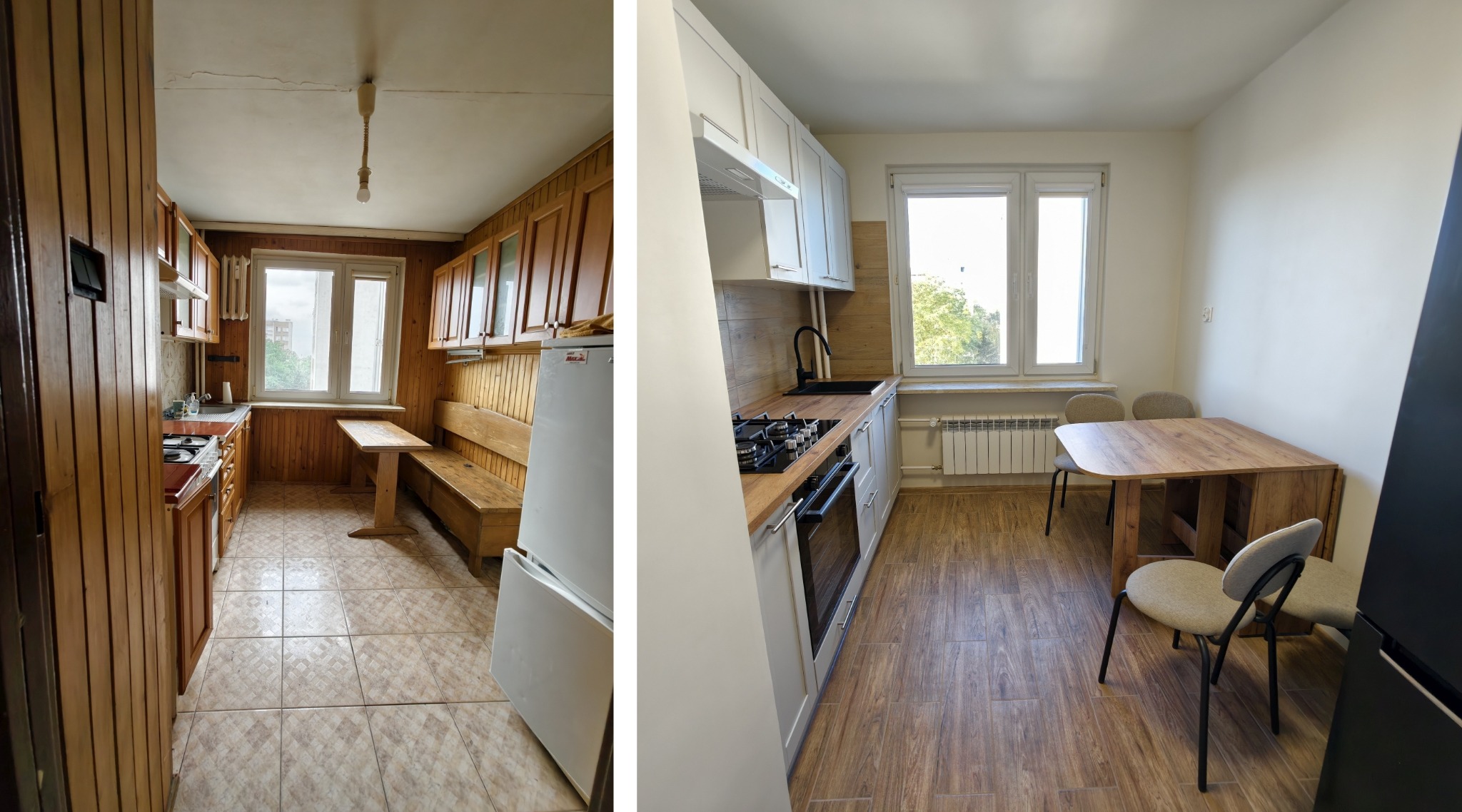 Kuchenne metamorfozy: Porównanie starej, drewnianej kuchni z nową, jasną aranżacją. Widoczne zmiany w meblach, podłodze i kolorystyce ścian. Efekt 'przed i po'.