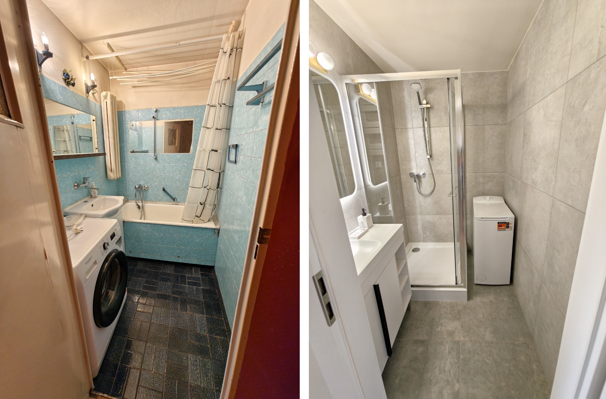 Porównanie łazienki przed i po remoncie: od niebieskich płytek i wanny do nowoczesnego prysznica, szarych płytek i białej umywalki z szafką. Widoczna pralka.