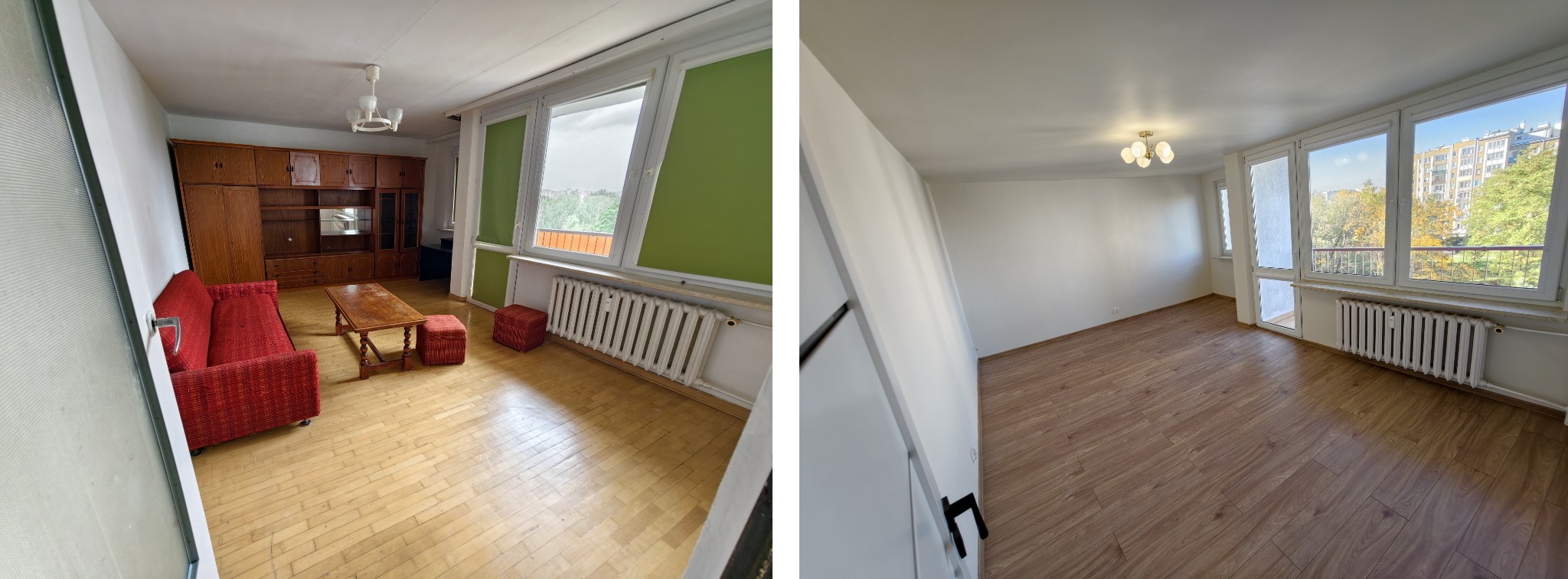 Zdjęcie 'przed i po' remontu pokoju: po lewej pokój z meblami i starą podłogą, po prawej odnowiony pokój z nową podłogą i świeżo pomalowanymi ścianami.
