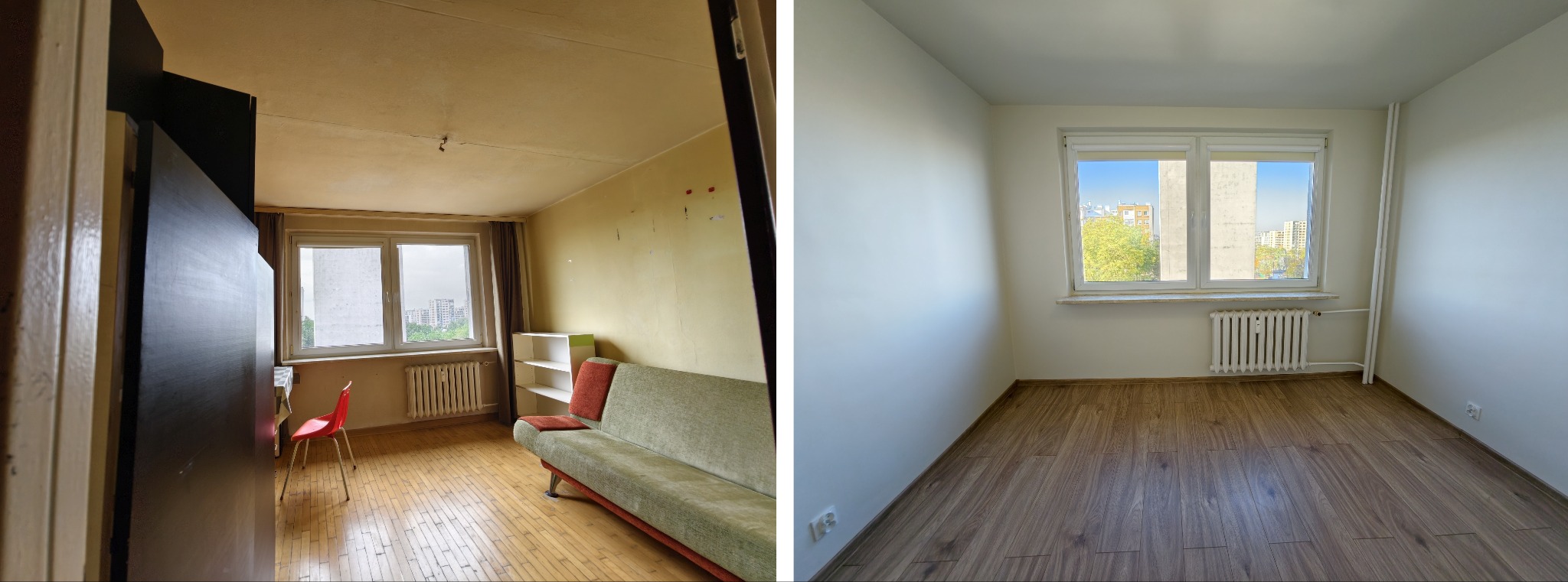 Zdjęcie 'przed i po' prezentujące metamorfozę pokoju: od zaniedbanego wnętrza z meblami, po odnowione, jasne pomieszczenie z nową podłogą i świeżo pomalowanymi ścianami.