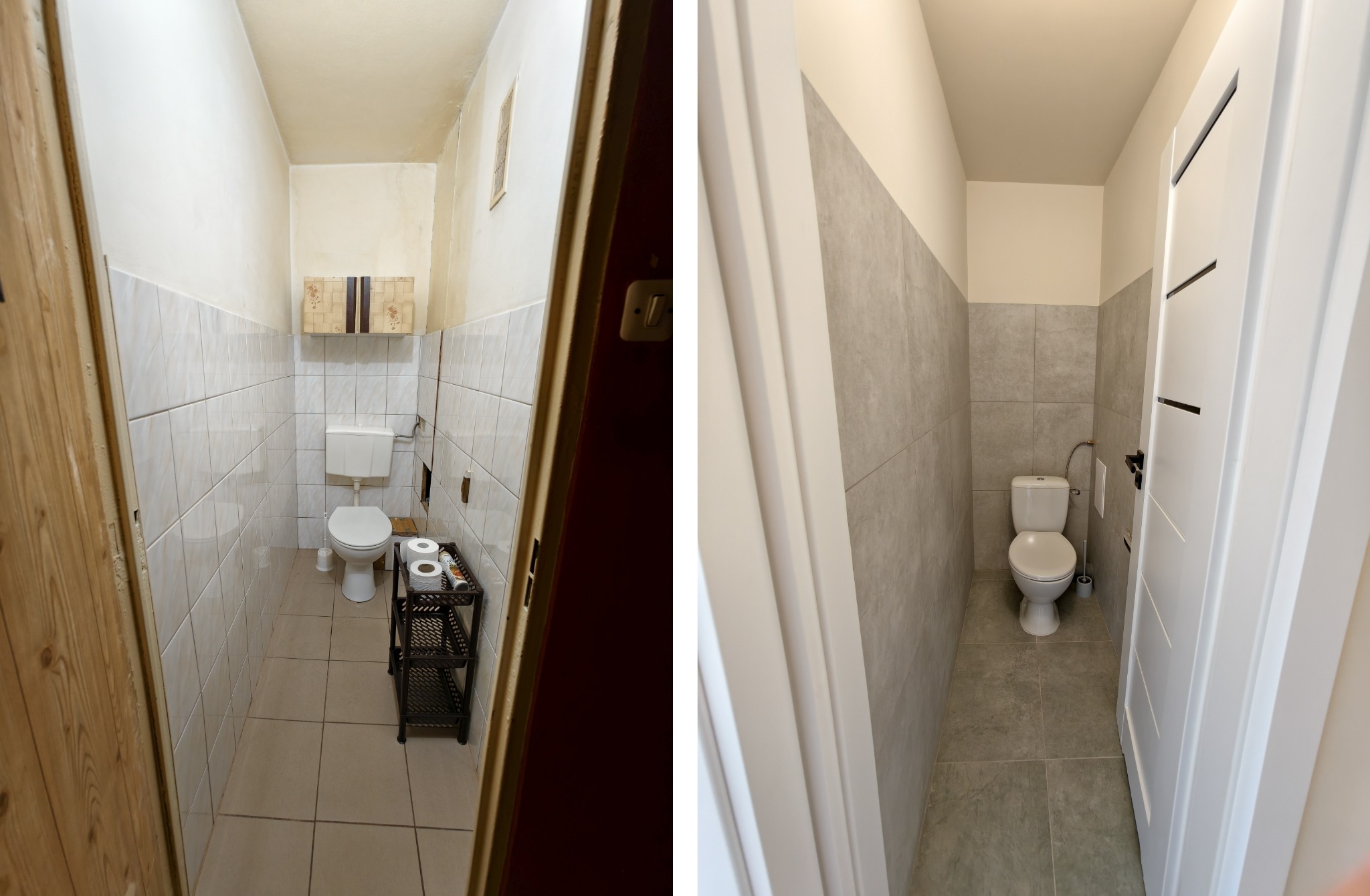 Zdjęcie 'przed i po' prezentujące metamorfozę małej łazienki: od starej z beżowymi płytkami do nowoczesnej z szarymi płytkami i białą stolarką drzwiową.