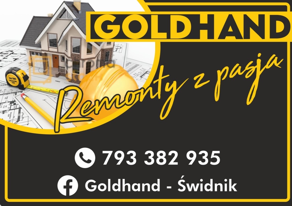 Grafika reklamowa firmy budowlanej Goldhand ze Świdnika, prezentująca wizualizację domu, kask ochronny, miarkę i ołówek na tle planów architektonicznych, z hasłem 'Remonty z pasją' i danymi...