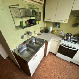 Umyta, dwukomorowa, stalowa zlewozmywak w kuchni z zielonymi ścianami. Na suszarce naczynia, obok płyn do naczyń. Na kuchence czajnik. Widok z góry.