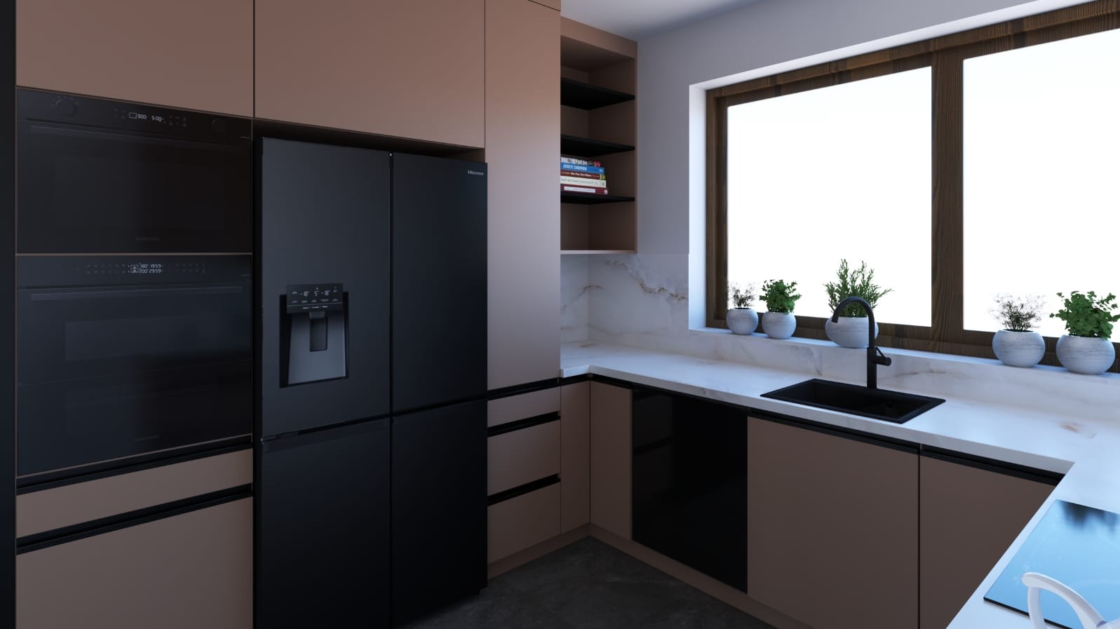 Nowoczesna kuchnia z zabudową w odcieniach beżu i czerni, z czarnym sprzętem AGD (piekarnik i lodówka side-by-side z dystrybutorem wody), marmurowym blatem i ziołami w doniczkach na parapecie okna.