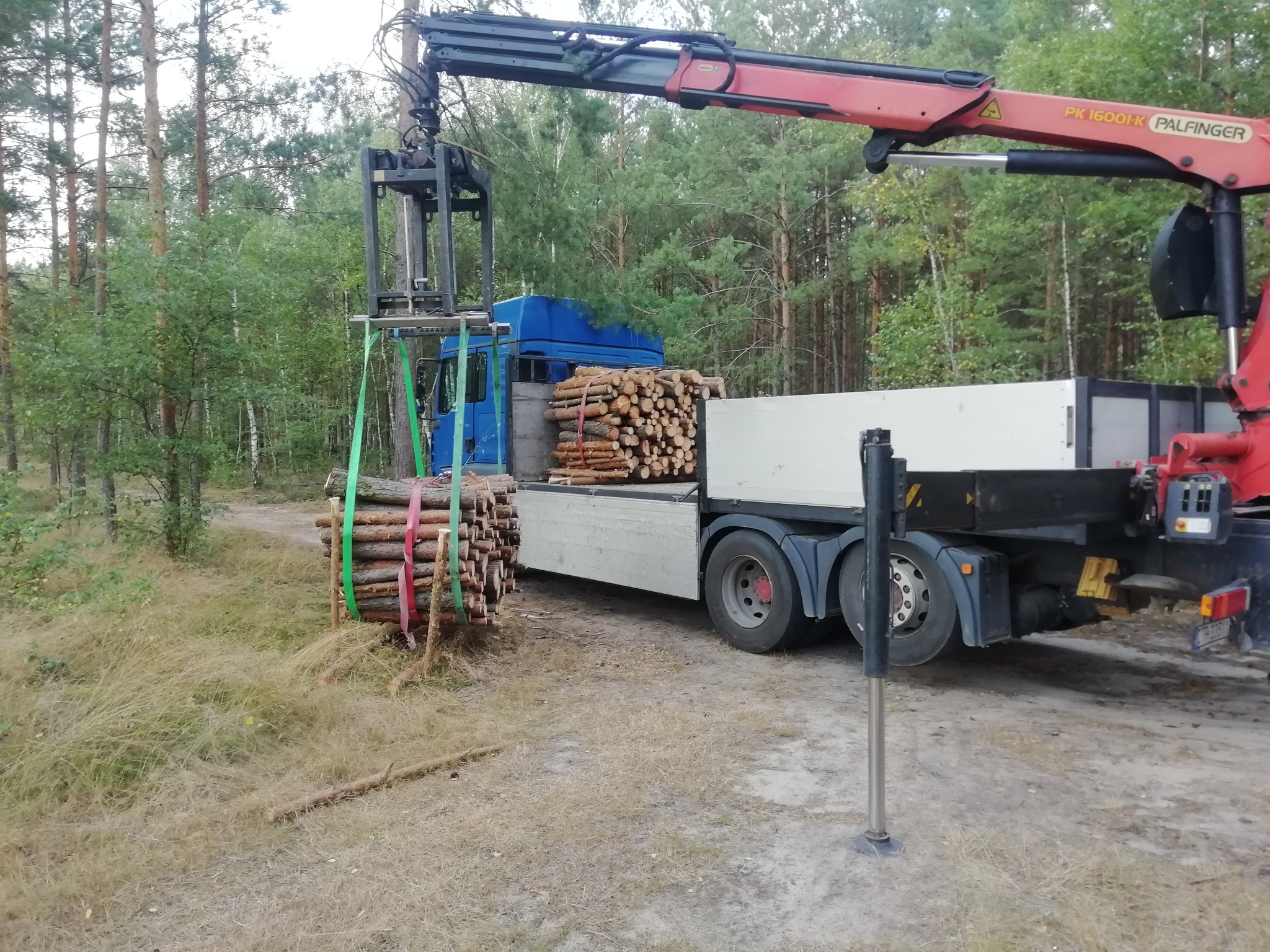 Ciężarówka z dźwigiem Palfinger PK 16001-K załadowana drewnem w lesie, widoczne zielone pasy mocujące ładunek.