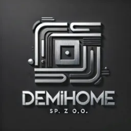 Eleganckie logo 'DEMIHOME sp. z o.o.' w srebrnej kolorystyce, na ciemnoszarym tle. Geometryczny, nowoczesny design z elementami 3D i subtelnym cieniowaniem.
