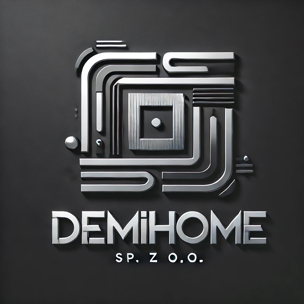 Eleganckie logo 'DEMIHOME sp. z o.o.' w srebrnej kolorystyce, na ciemnoszarym tle. Geometryczny, nowoczesny design z elementami 3D i subtelnym cieniowaniem.