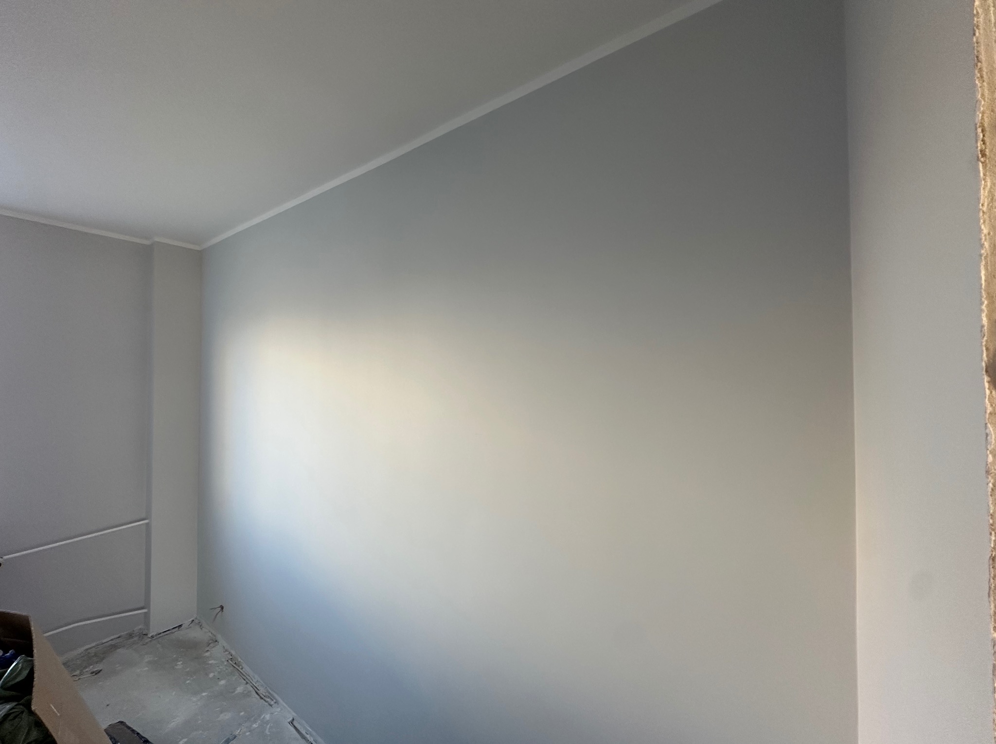 Świeżo pomalowane na szaro wnętrze pokoju z widoczną listwą sufitową i fragmentem niezabezpieczonej ściany, sugerujące etap wykończeniowy.
