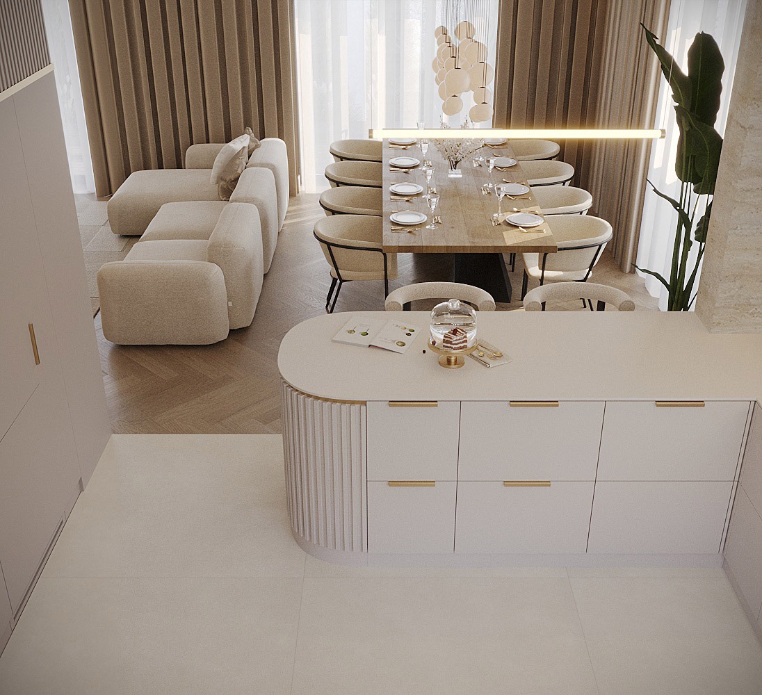 Jasne, przestronne wnętrze: kremowa sofa modułowa, stół jadalny z nakryciem dla ośmiu osób, biała wyspa kuchenna z deserem pod kloszem, drewniana podłoga w jodełkę, beżowe zasłony i nowoczesna...