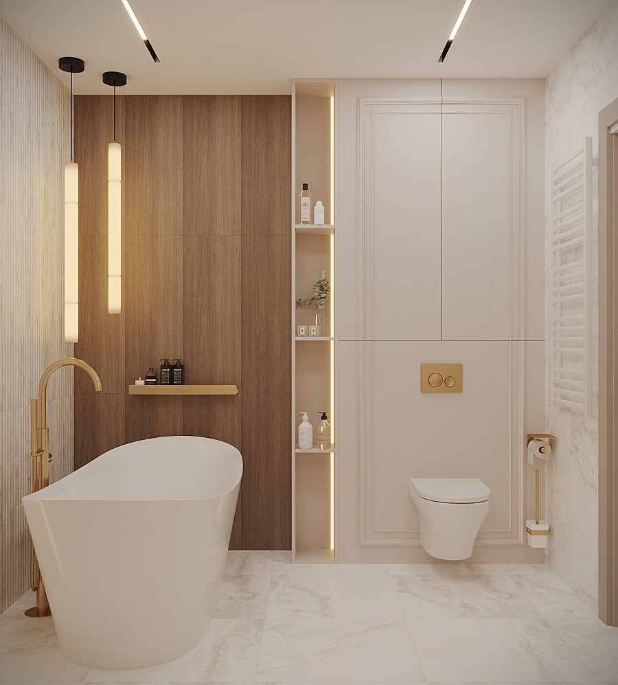 Elegancka łazienka w neutralnych barwach z wolnostojącą wanną, złotą armaturą, drewnianą ścianą i podświetlanymi półkami