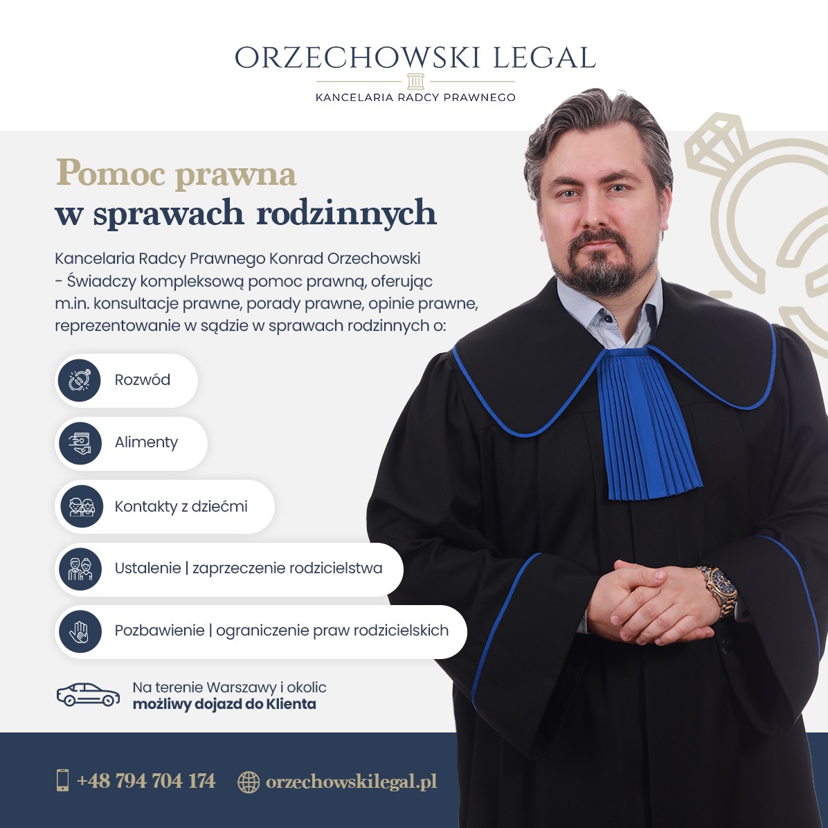 Portret radcy prawnego Konrada Orzechowskiego w todze, prezentującego ofertę kancelarii w sprawach rodzinnych, z elementami graficznymi symbolizującymi rozwód, alimenty i kontakty z dziećmi.