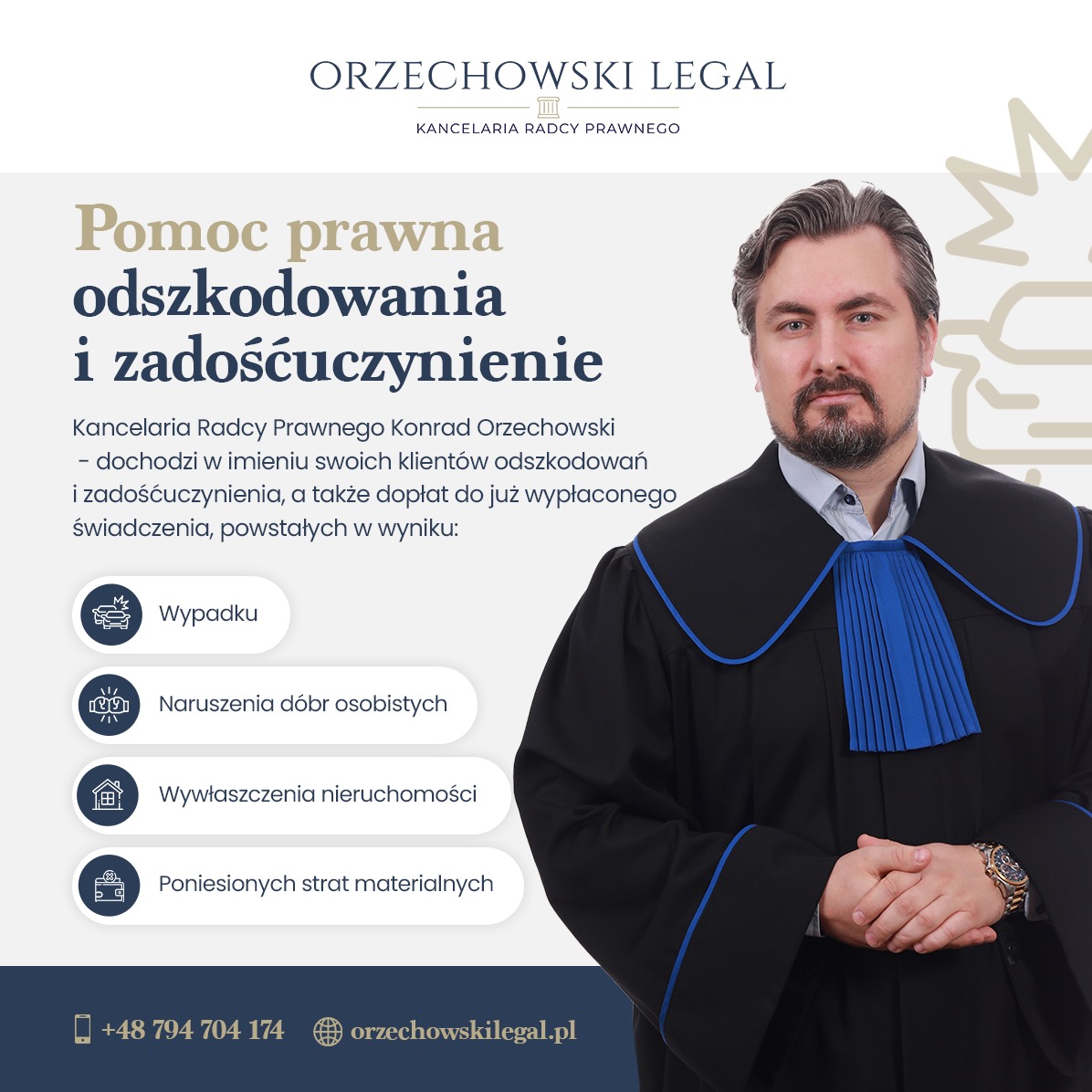 Portret radcy prawnego Konrada Orzechowskiego w todze z niebieską żabotem, obok informacji o pomocy prawnej w uzyskaniu odszkodowań i zadośćuczynienia za wypadki, naruszenia dóbr osobistych...