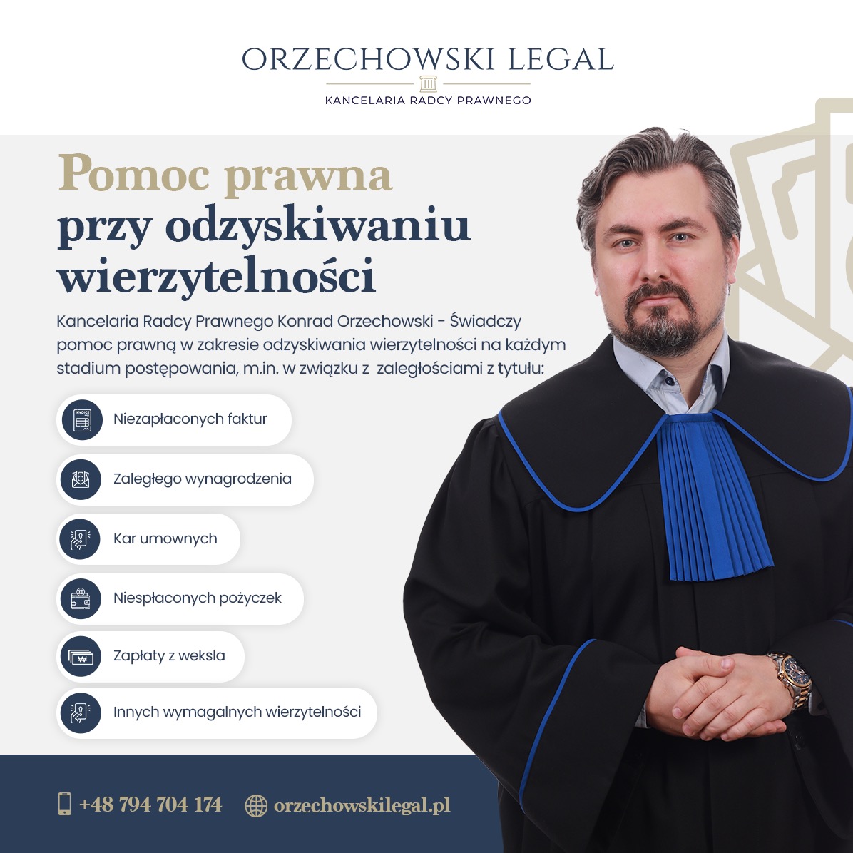 Portret radcy prawnego Konrada Orzechowskiego w todze, na tle informacji o pomocy prawnej w odzyskiwaniu wierzytelności, z listą przykładowych zaległości.