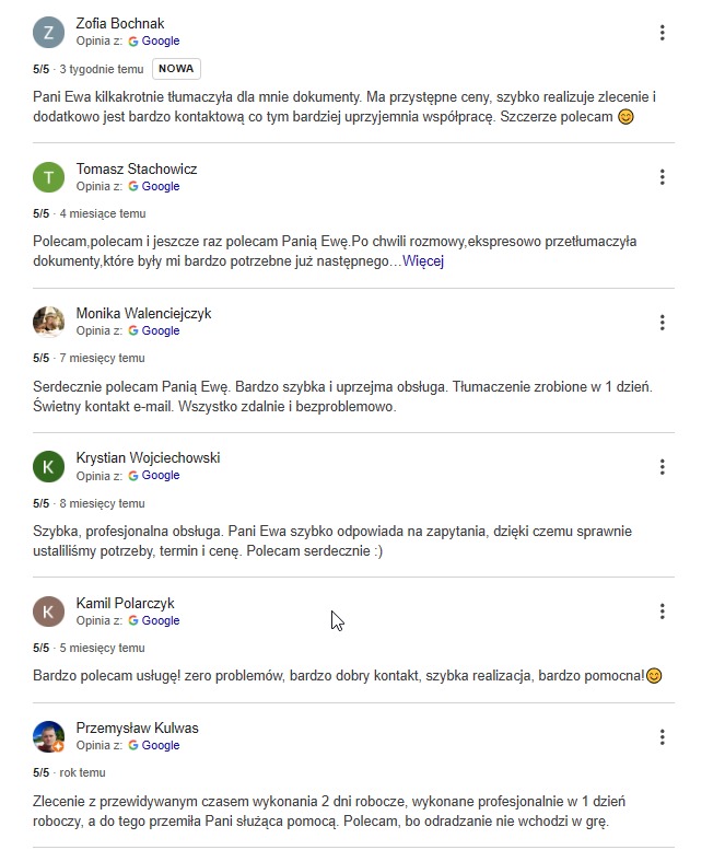 Przykłady opinii moich klientów na temat moich tłumaczeń