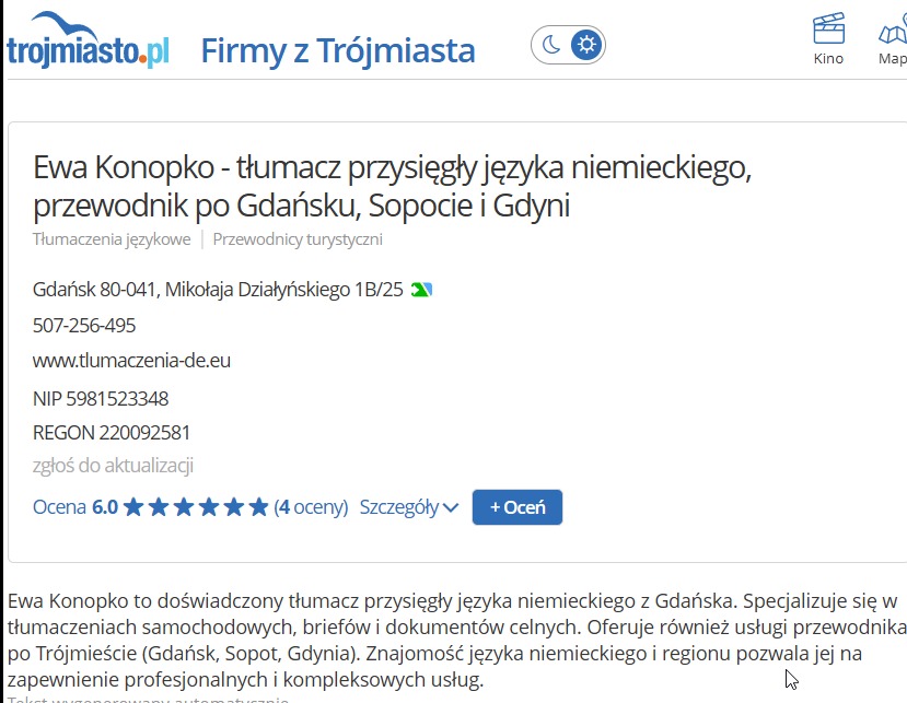 Wizytówka firmy z Gdańska na portalu trojmiasto.pl, prezentująca ofertę tłumacza przysięgłego języka niemieckiego Ewy Konopko, z oceną 6.0 na 6 na podstawie 4 opinii.