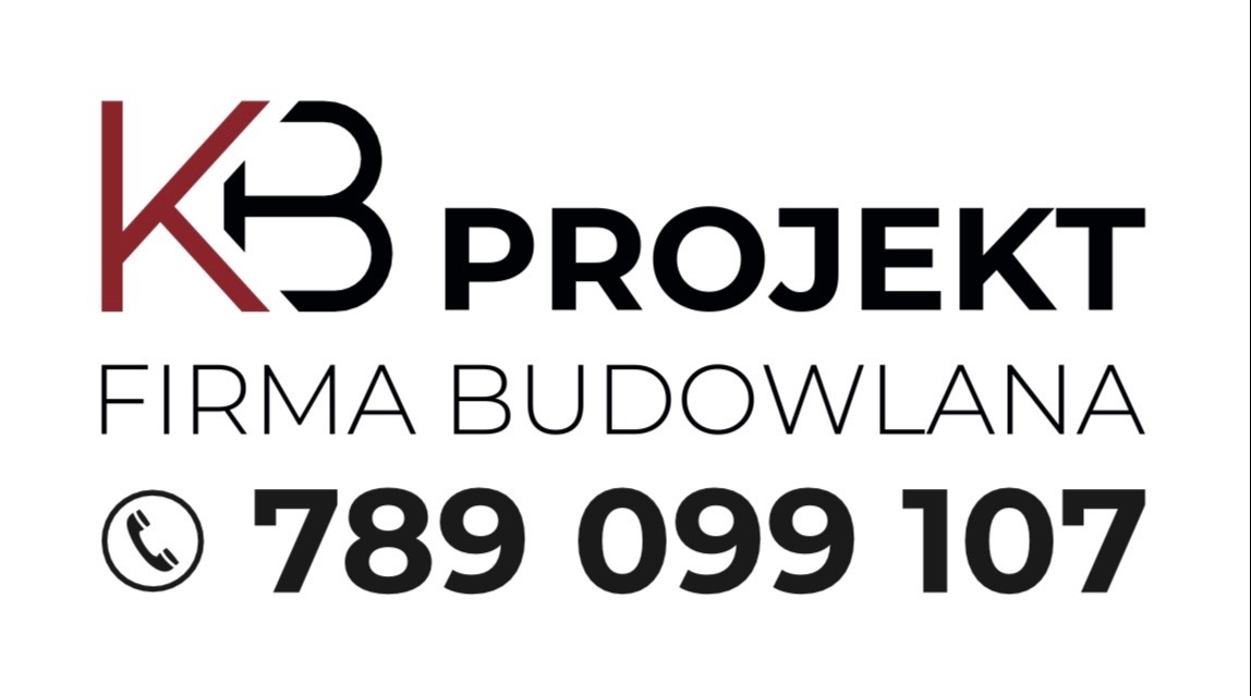 Logo firmy budowlanej KB Projekt z numerem telefonu. Czerwono-czarny znak graficzny i napis FIRMA BUDOWLANA na białym tle. Minimalistyczny design.