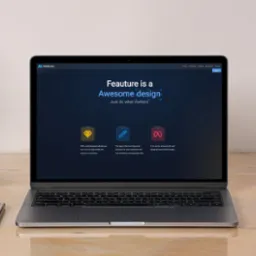Ekran laptopa prezentujący stronę internetową z hasłem 'Feauture is a Awesome design' i ikonami diamentu, ołówka i nieskończoności, obok telefon, długopis, słuchawki i notatnik na jasnym biurku.