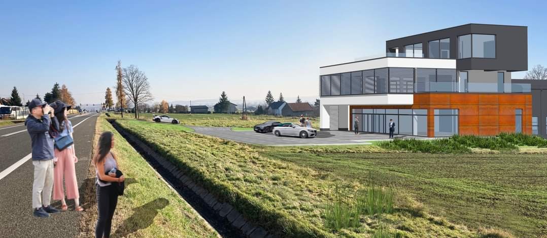 Wizualizacja nowoczesnego budynku usługowego z elementami zardzewiałej stali, z trzema samochodami sportowymi na parkingu i trzema osobami obserwującymi z boku drogi.