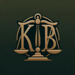 Złote logo w kształcie wagi z literami K i B na ciemnozielonym tle.