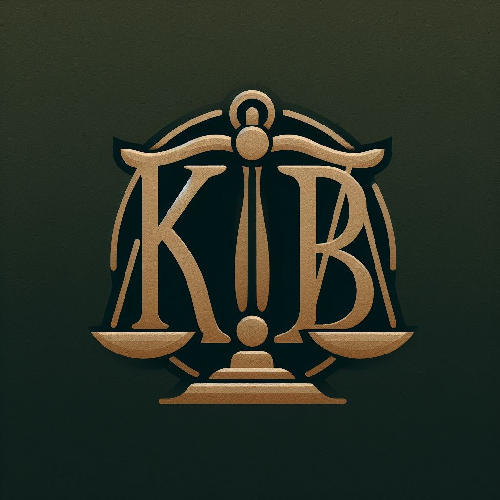 Złote logo w kształcie wagi z literami K i B na ciemnozielonym tle.