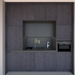 Dorota Matejuk - Kompaktowa kuchnia w odcieniach szarości z frontami szafek imitującymi ciemne drewno, wyposażona w płytę indukcyjną, zlewozmywak z baterią oraz piekarnik marki Siemens.