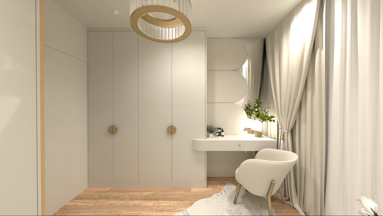Jasna garderoba z toaletką, okrągłym lustrem i dekoracyjną lampą wiszącą, uzupełniona kremowym krzesłem i dywanem w odcieniach bieli i szarości.