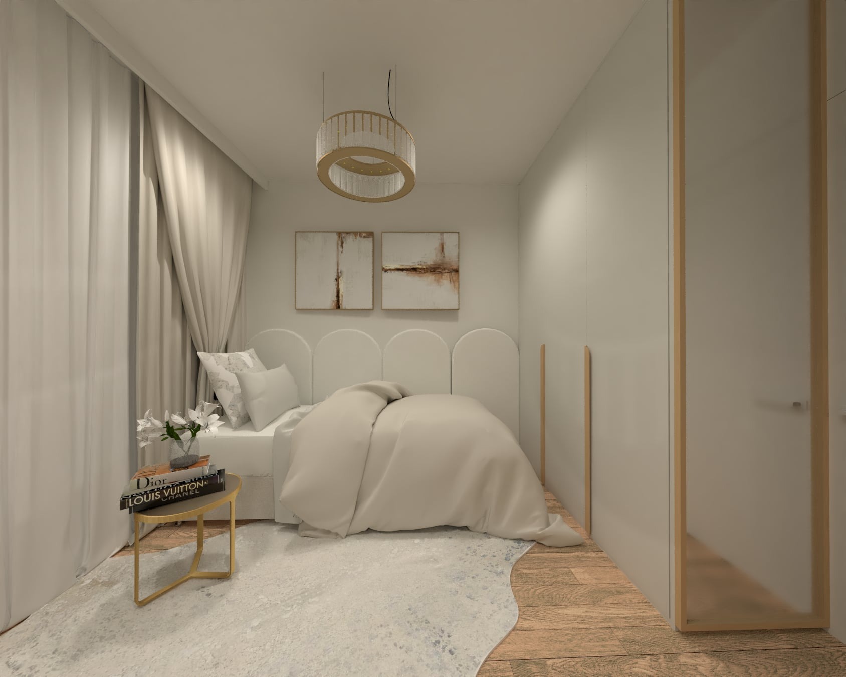 Jasna sypialnia z łóżkiem, stolikiem nocnym z książkami Dior i Louis Vuitton, abstrakcyjnymi obrazami nad wezgłowiem i okrągłą lampą wiszącą.