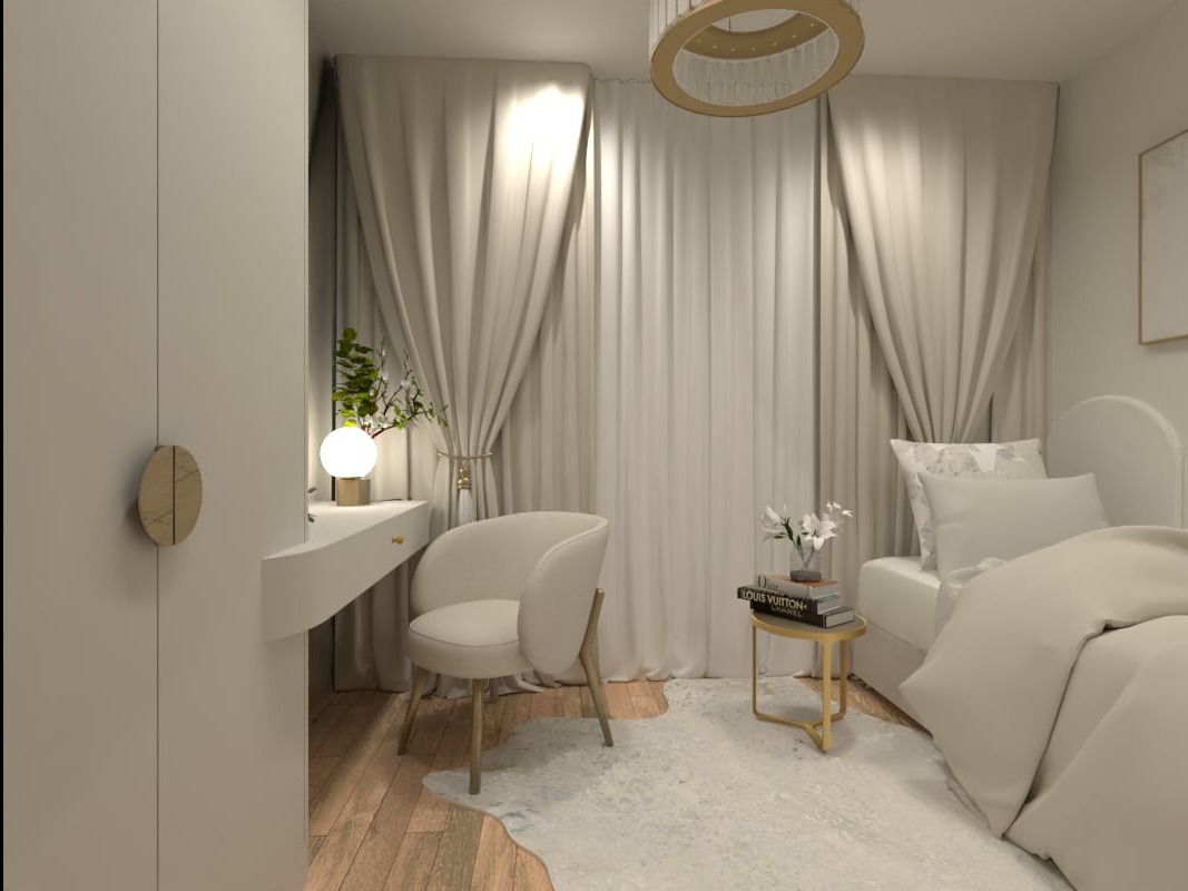 Jasna sypialnia z toaletką, okrągłym lustrem i beżowym krzesłem, oświetlona lampką nocną, z dekoracyjnymi zasłonami i dywanem o nieregularnym kształcie.