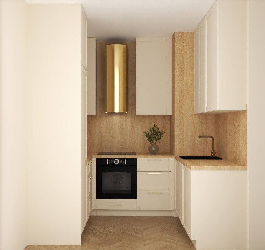 Kompaktowa kuchnia w odcieniach beżu i drewna, z akcentem w postaci złotej, cylindrycznej okapu i minimalistyczną armaturą.