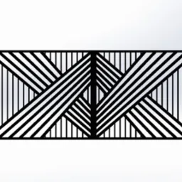 Wizualizacja czarnej, metalowej bramy dwuskrzydłowej z geometrycznym wzorem, osadzonej między dwoma słupkami z czerwonej cegły na białym tle.