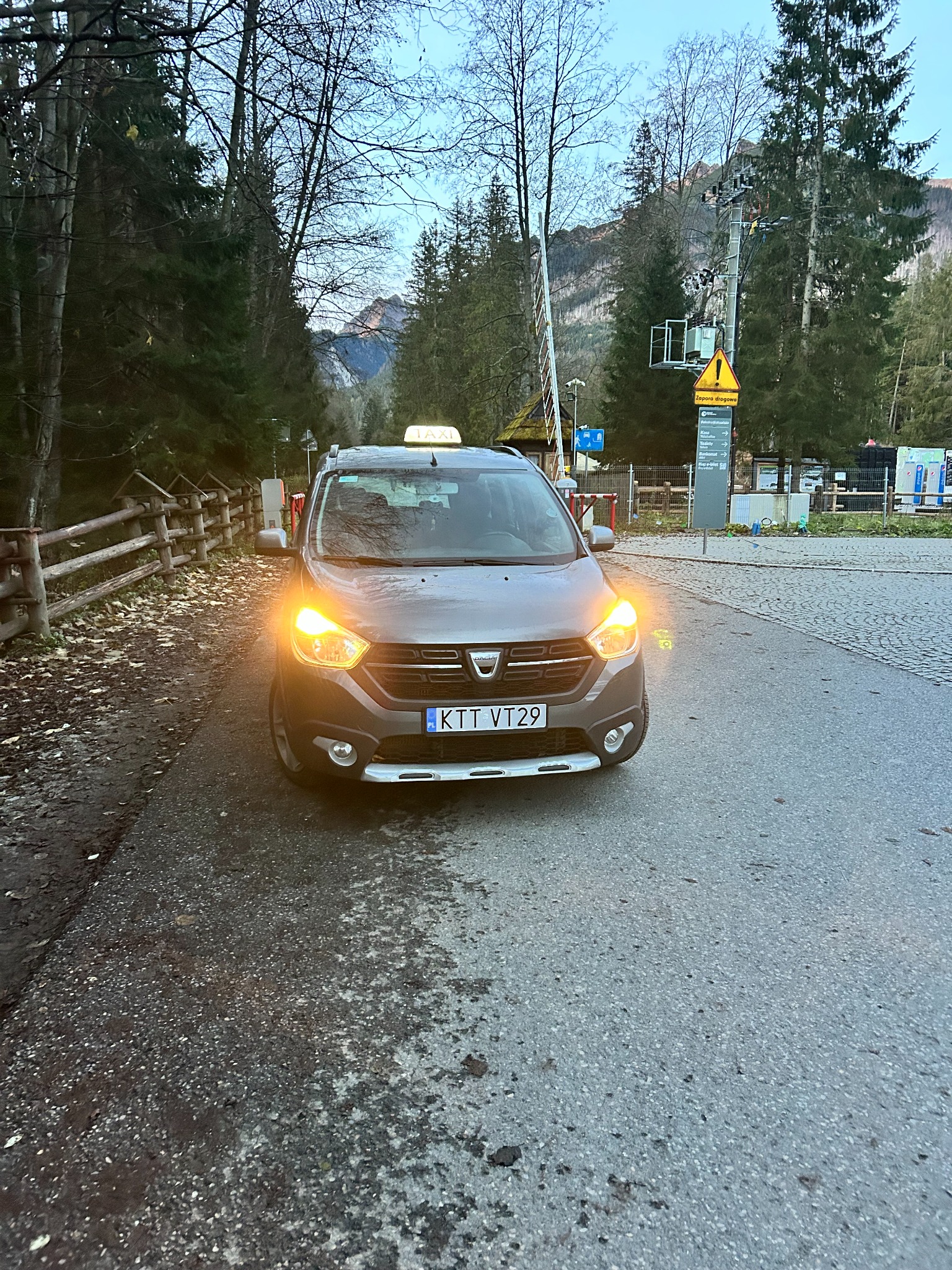 Szary samochód osobowy z tabliczką TAXI na dachu, zaparkowany na parkingu przy leśnej drodze w górach, z włączonymi światłami mijania.
