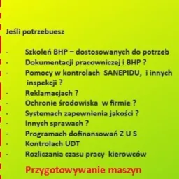 Grafika z ofertą usług: szkolenia, dokumentacja pracownicza, kontrole Sanepidu, ochrona środowiska, systemy jakości, dofinansowania ZUS, kontrole UDT, rozliczanie czasu pracy kierowców...